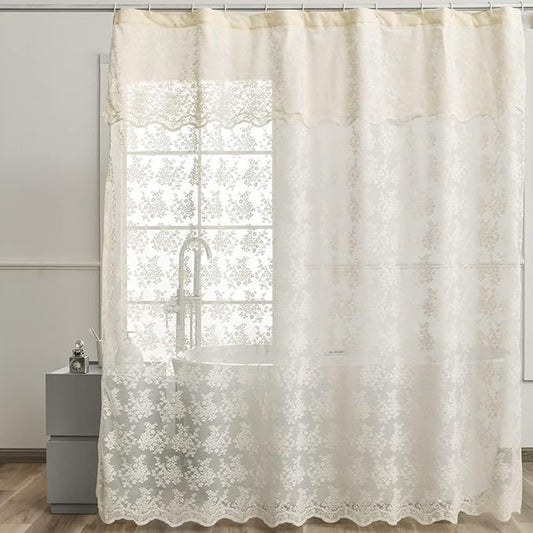 YJ YANJUN Extra Wide French Country Shower Curtain 102x84 Boho Chic Lace Cream Shower Curtain with Valance Vintage Farmhouse Boho Style Flower Print Bathroom Curtain Cream 102 inch Wide