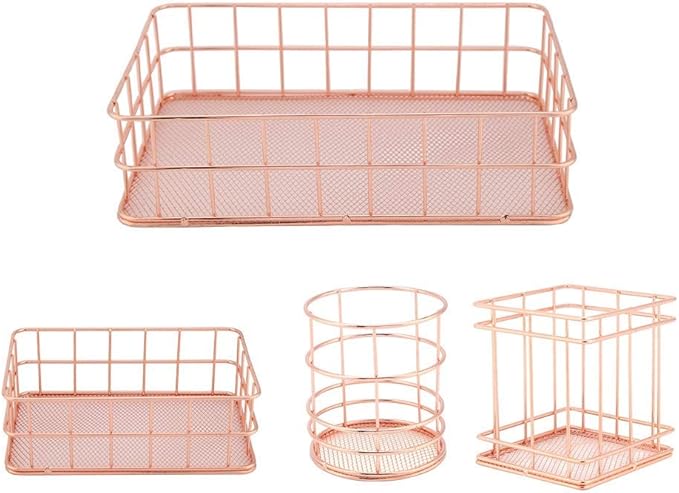 Makeup Storage Basket Organizer, Rose Gold Mesh Cosmetic Storage Holder Shelves for Makeup Brush Pen Holder(C)