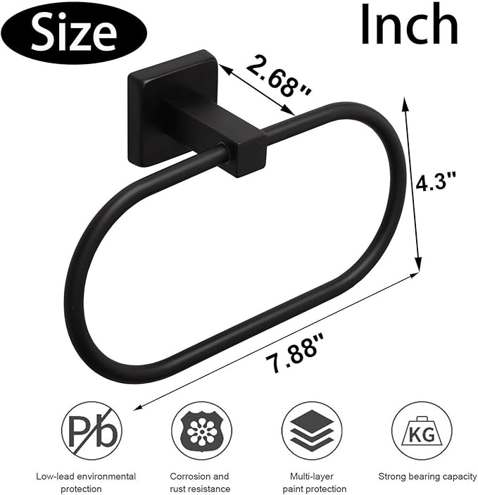 TocTen 2 Pieces Towel Ring/Hand Towel Rack - Thicken SUS304 Stainless Steel Bathroom Hand Towel Holder Heavy Duty Unique Oval Hand Towel Hanger Wall Mounted for Bathroom Kitchen Sink（Matte Black）