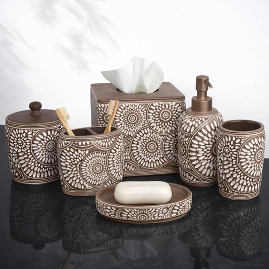Decozen Bathroom Accessories 6Pcs Set, Soap Dispenser, Toothbrush Holders, Tumbler, Soap Dish & Cotton Swab Jar – Modern Bathroom Decor, Modern Farmhouse Decor, Countertop Accessories, Ciccone