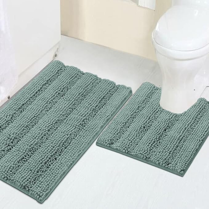Turquoize Chenille Bathroom Rugs Set Non-Slip Bath Mats for Bathroom Super Absorbent Shaggy Rugs for Tub Shower Toilet Bath Rug Plus U Shaped Rug (Standard: 20" x 32" and 20" x 20" U), Duckegg Blue