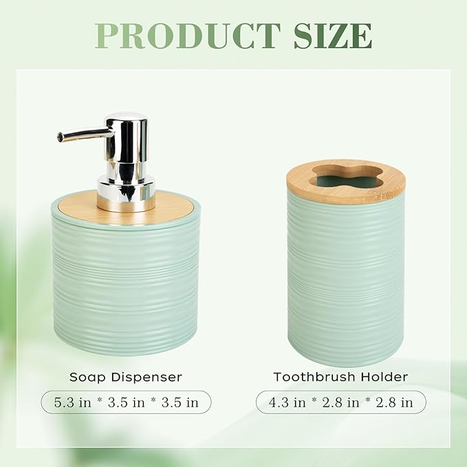 2 PCS Sage Green Bathroom Accessories Set, Soap Dispenser and Toothbrush Holder Set, Plastics & Bamboo Bathroom Set, Bohemian Style Bathroom Sink Set