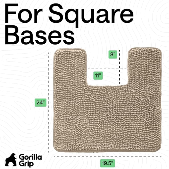 GORILLA GRIP Plush Absorbent Shaggy Chenille Bath Rug Mat for Square Toilet Base with Rubber Backing, Machine Washable Rugs, Soft Microfiber Contour Mats for Toilets, Bathroom Decor, Gray Beige