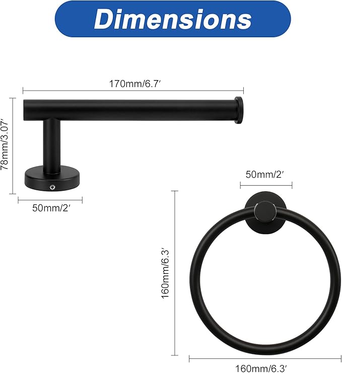 NearMoon 2 Pieces Bathroom Hardware Accessories, Towel Ring and Toilet Paper Holder- Stainless Steel Bath Towel Hanger and Hand Towel Holder, Wall Mounted (Matte Black)