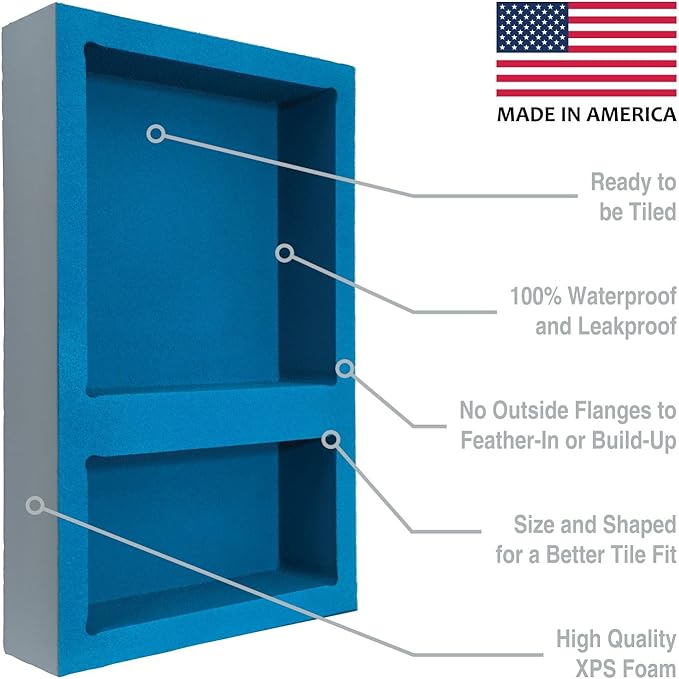 Noble 304 Preformed 12" x 12" + 6" x 12" ID Shower Niche, Tub, Caddy, Modern Bathroom Storage Solution, Built-in Shelf, Water-Resistant, Easy Install Ideal for Toiletries Shampoo Shower Accessories