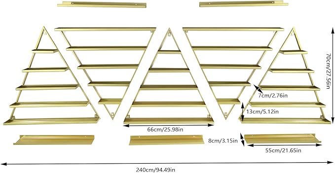 10 Pcs Nail Polish Organizer Rack Wall-Mounted Acrylic Nail Polish Rack - 5 Multi-Tier Triangular Racks and 5 Horizontal Bars for Home, Cosmetics Stores and Beauty Shops (Gold)