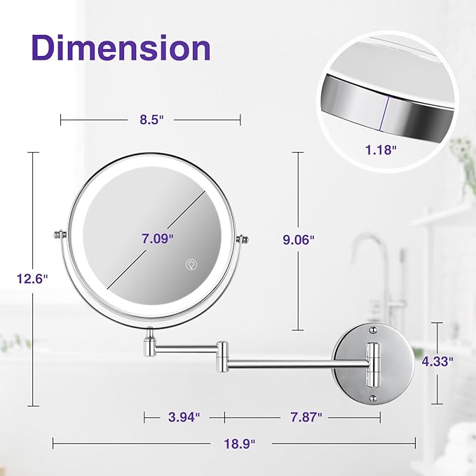GREENFROM Wall Mounted Lighted Makeup Mirror: 8.5 Inch Double Sided Makeup Mirror with 1X/15X Magnification for Vanity, Bathroom, and Shaving - Chrome