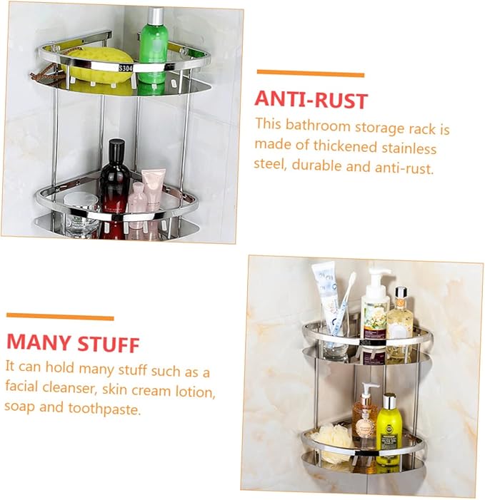 Garneck Stainless Steel Double Layer Triangle Corner Storage Rack Bathroom Organizer Shelf for Toiletries and Essentials Material Space-Saving Design