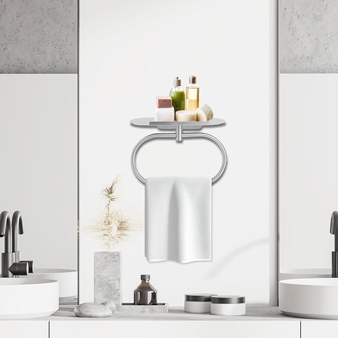 Hand Towel Holder with Shelf, Oval Durable 304 Stainless Steel Adhesive Bathroom Towel Bar Stand Rack Hanger Wall Mounted Rings Practical Kitchen Bathroom Accessories(Silver)