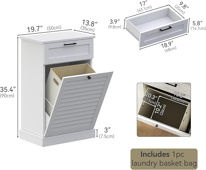 Loomie Upgraded Tilt Out Laundry Hamper Cabinet, Trash Can Cabinet with Shutter Front & Drawer, Hidden Garbage Can Bin Cabinets with Laundry Storage Basket for Bathroom, Kitchen (White, Single)