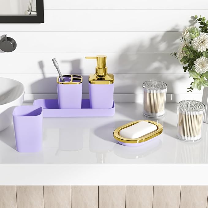 XLHOMO Purple Bathroom Accessories Set, Purple and Gold Bathroom Accessories with Trash Can, Soap Dispenser, Soap Dish, Toothbrush Holder and Q-tip Holders