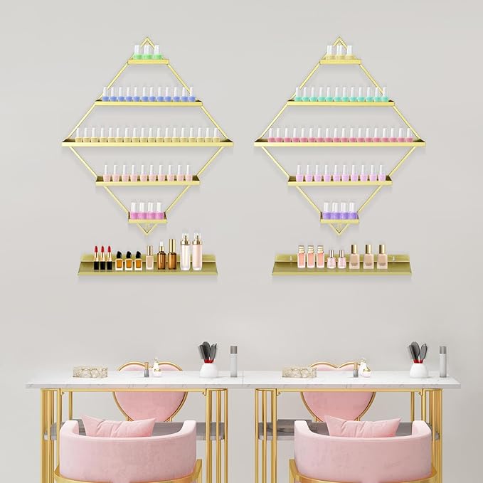 Wall-Mounted Nail Polish Rack, Set of 4 Rhombus Gold Nail Polish Shelf Lipstick Perfume Cosmetic Display Shelf for Home Spa Nail Salon Shop