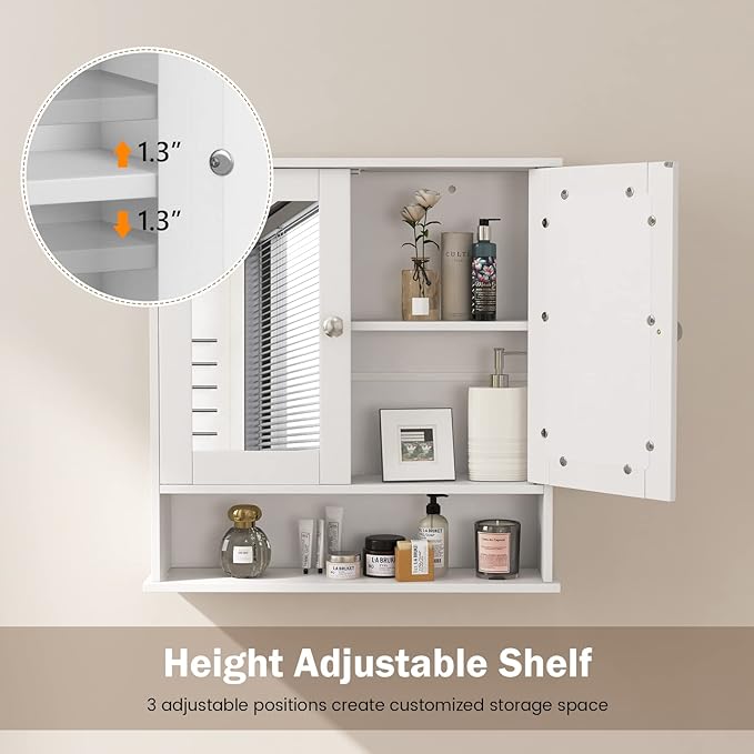 COSTWAY Bathroom Cabinet Wall Mount, Wooden Medicine Cabinet with 2 Mirror Doors, Adjustable Shelf, Open Compartment, for Laundry, Living Room, Kitchen, White