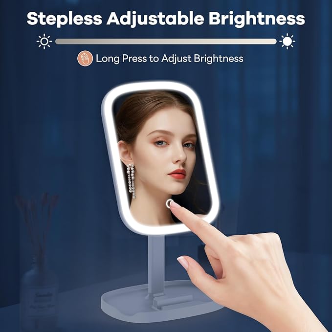 Makeup Mirror Vanity with Lights, Rechargeable Vanity Mirror with 3 Color Light, Adjustable Brightness, 360° Degree Rotation, Makeup Mirror for Beginners, Gifts for Women (Beige)