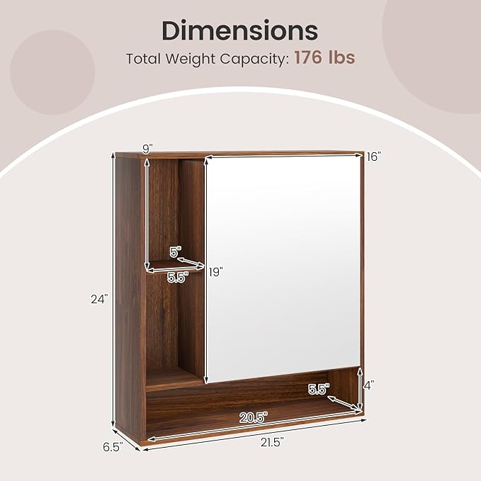 Giantex Bathroom Medicine Cabinet with Mirror, Wall Mounted Medicine Cabinet w/Single Door, 3 Open Shelves & Adjustable Shelf, Space-Saving Hanging Storage Cabinet for Living Room, Hallway (Walnut)