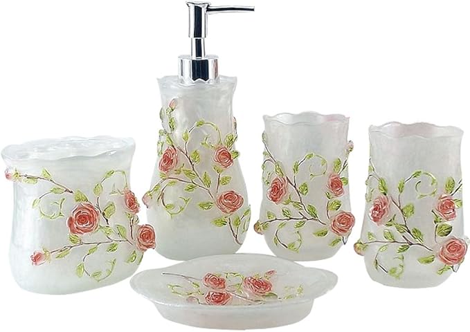 LUANT Resin 3D Roses 5PC Bathroom Accessories Set Soap Dispenser/Toothbrush Holder/Tumbler/Soap Dish (White)