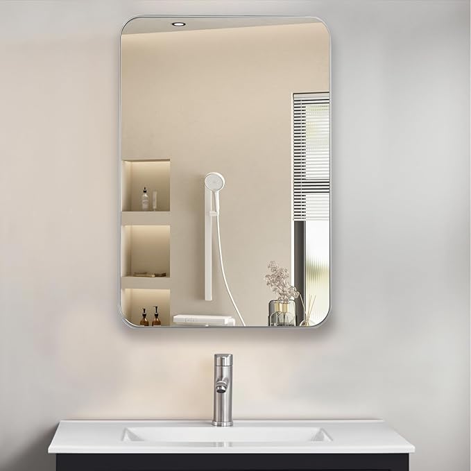 16" x 26" Bathroom Medicine Cabinet with Mirror Door, Brushed Nickel Stainless Steel Frame, Recessed or Surface Mounted,Storage Cabinet with Adjustable Metal Shelves,Upgraded Version