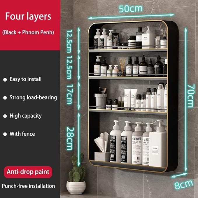 Punch- Bathroom Shelf, Wall-Mounted Makeup Organizer, Cosmetic Storage Rack, Multi-Layer Large Capacity, 10kg Load-Bearing,Black a-50 * 70cm