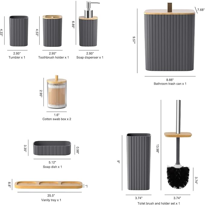 Bathroom Set - 9PCS Grey Bathroom Accessories Set Toilet Brush Holder Set Soap Dispenser Decorative Countertop Bathroom Accessory Set with Trash Can Bathroom Decor Set for Home, Restroom