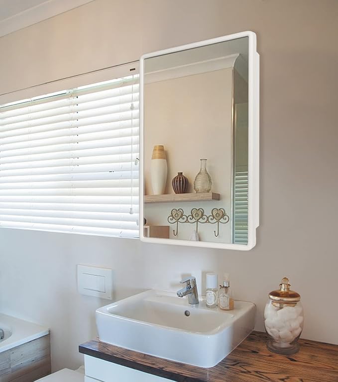 H & A Farmhouse Wood Frame Bathroom Medicine Cabinet, 24''x16'' with Mirror, Surface or Recess Mounted Installation (White)