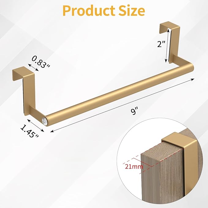 STWWO Over The Door Towel Rack, Kitchen Towel Holder Over Cabinet Door Towel Bar Stainless Steel for Cupboard for Kitchen Dish Towel Holder Hanger, 2 Pack (Gold)