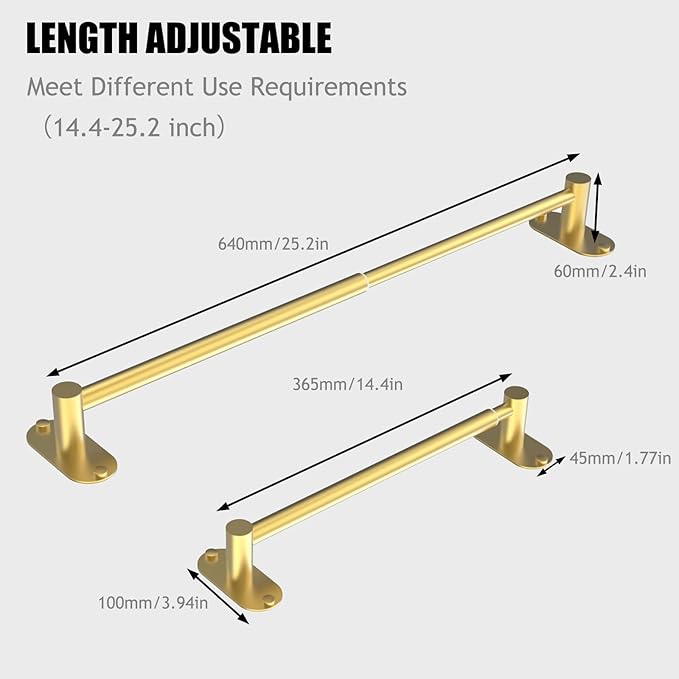 Towel Bar, Adjustable 14.4inch - 25.2inch Towel Rack, Self Adhesive & Wall Mounted for Bathroom Kitchen Hand Towel Holder Cloths Hanger SUS 304 Stainless Steel Single Bar (3, Gold)