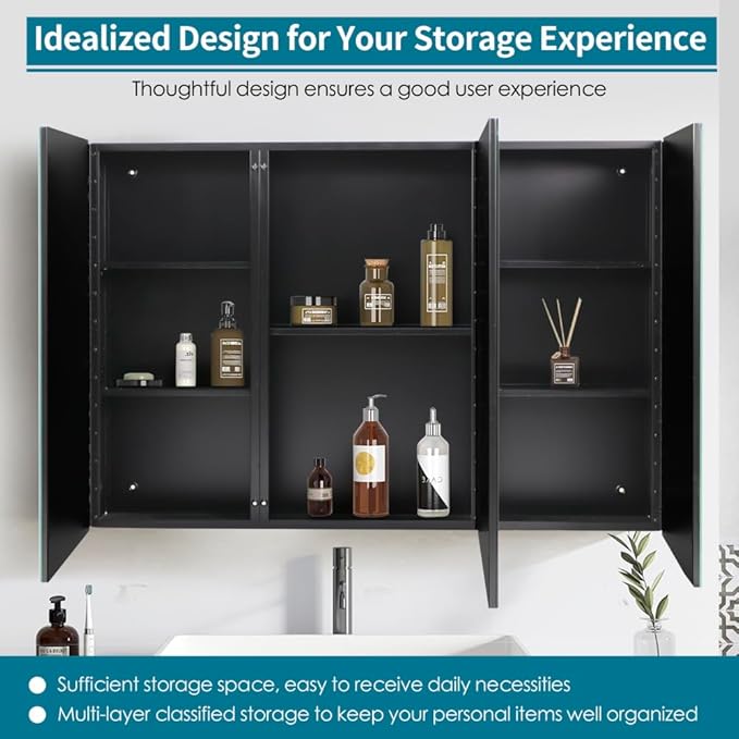 Movo 40 Inch x 28 Inch Black Bathroom Mirror Medicine Cabinet, Frameless Large Wall Mount Medicine Cabinet with 3 Doors,Rmovable Shelves