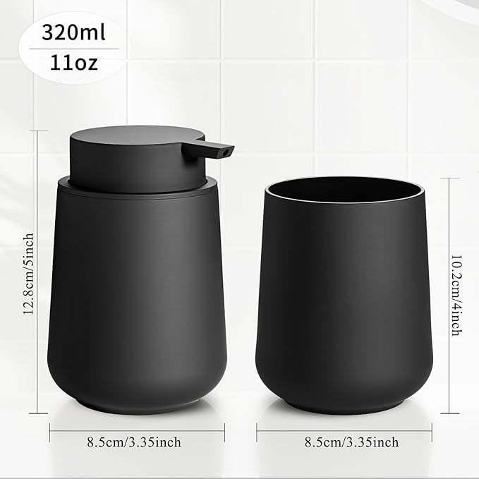 Matte Black Bathroom Accessories Set Plastic Hand Soap Dispenser and Toothbrush Holders 2 Piece