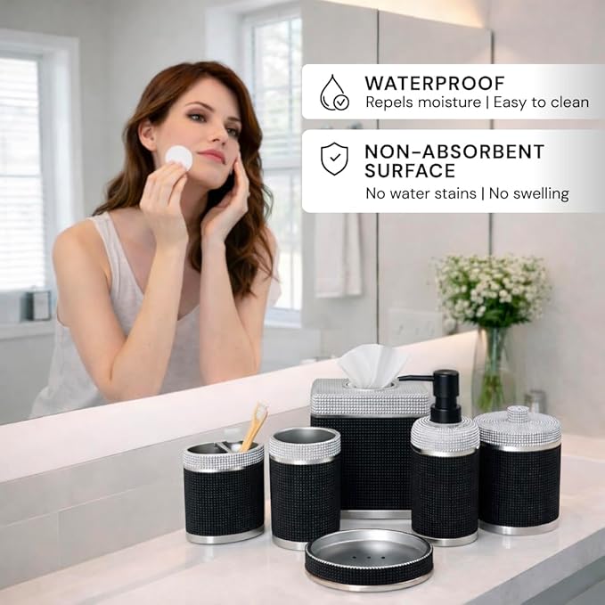 Decozen Bathroom Accessories 6Pcs Set, Soap Dispenser, Toothbrush Holders, Tumbler, Soap Dish & Cotton Swab Jar – Modern Bathroom Decor, Modern Farmhouse Decor, Countertop Accessories, Black
