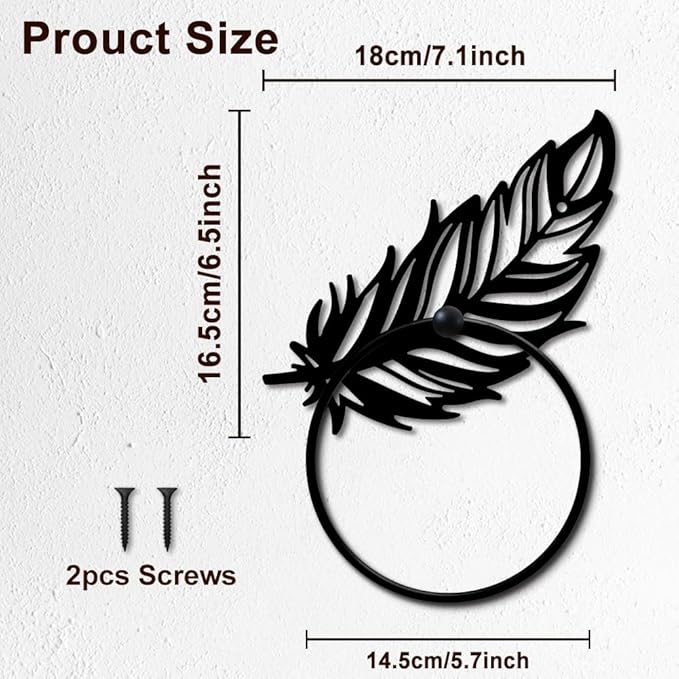 MAYJOYDIY Feather Metal Towel Ring Large Fantasy Feather Towel Holder for Wall Animal Feather Wall Decor Towel Hanger Black Art Towel Rack Wall Mounted for Bathroom Kitchen Home Decors Gift