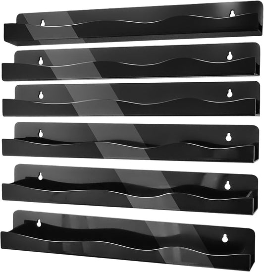 6 Pack Black Nail Polish Wall Rack 15 Inch Acrylic Floating Display Shelves with Anti-slip End Guards for Tattoo Ink Essential Oils Figurine Display Spice Rack Kids Bookshelf for Salons Retailers Home