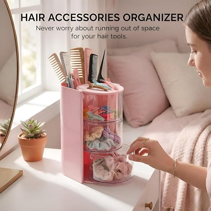Hair Accessories Organizer with Hair Brush Holder, Rotating Makeup Brush Caddy for Girls Women, 3-Tier Clear Storage for Hair Clips, Ties, Jewelry & Necklaces, Pink