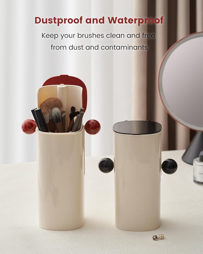 Karmiir Automatic Makeup Brush Organizer with Dustproof Cover & 4 Compartments Automatic Lifting Makeup Brush Holder Long and Short Separation Storage