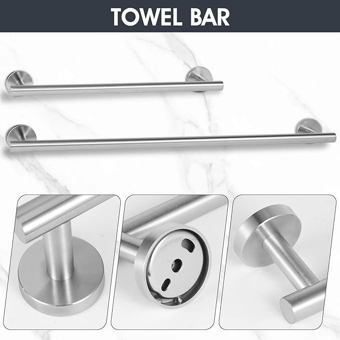 6 Piece Brushed Nickel Bathroom Hardware Set, Includes 24 inch Towel Bar, 16 inch Towel Rack, Towel Ring, Toilet Paper Holder, Towel Hook