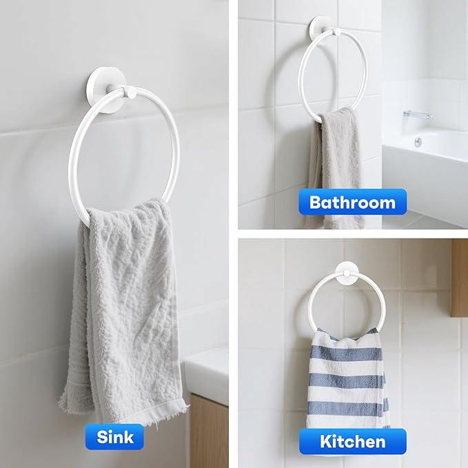 Hand Towel Holder Screw-in Stainless Steel Towel Ring for Bathroom Wall White Towel Hanger Round Towel Racks for Bathroom Decor and Accessories, 2 Packs
