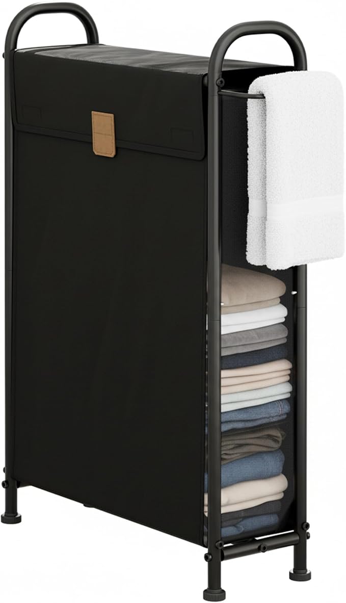 StorageWorks Slim Laundry Hamper with Flip Lid, Narrow Laundry Basket with Hooks, Breathable Mesh Clothes Organizer for Closet, Laundry Room, Bathroom, Black