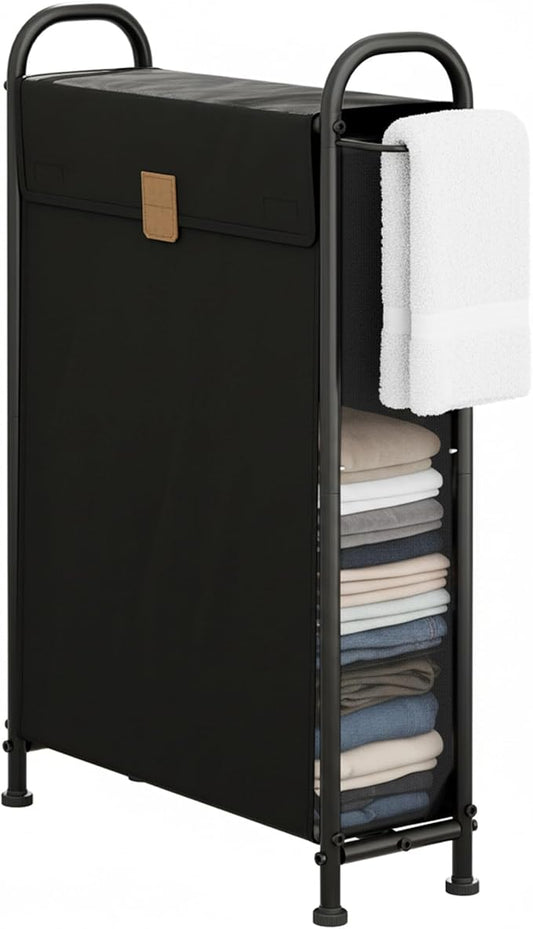 StorageWorks Slim Laundry Hamper with Flip Lid, Narrow Laundry Basket with Hooks, Breathable Mesh Clothes Organizer for Closet, Laundry Room, Bathroom, Black