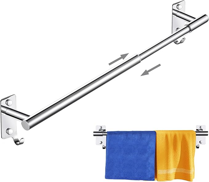Adjustable Towel Rack for Bathroom, Stainless Steel Sturdy Towel Bar Rod (14.5”-23.6”) Wall Mount, Rustproof Towel Holder with Hanger Hook, Space-Saving Towel Rail for Bathroom Kitchen - Chrome