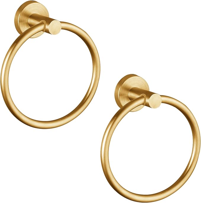 Towel Ring, Bathroom Hardware Accessories, Wall-Mounted Towel Ring, Simple Round Stainless Steel Towel Rack, for Bathroom and Kitchen (Gold 2 Pack)