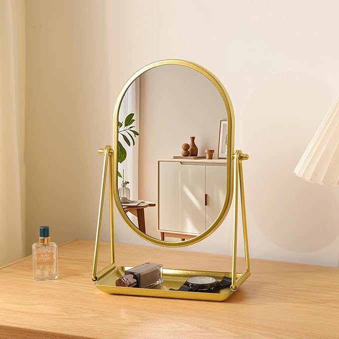 Table Mirror Gold Oval Desk Makeup Mirror with Storage 360°Adjustable Rotation Metal Framed Standing Mirrors Room Decor for Living Room, Bedroom, Office, Bathroom