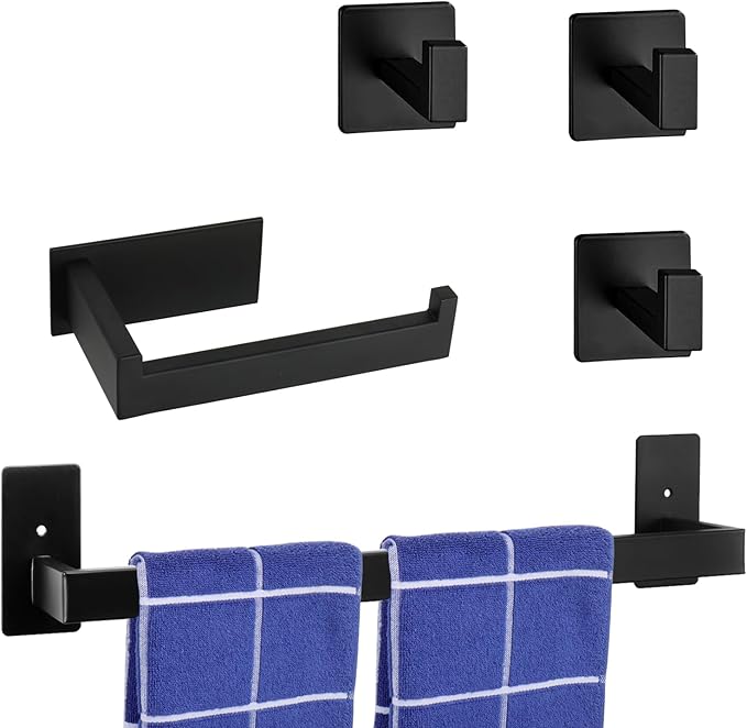5 Pieces Self Adhesive Bathroom Hardware Set-SUS304 Stainless Steel-Towel Rack Set Include 24″Towel Bar+Toilet Paper Holder+3 Towel/Robe Hooks Bathroom Accessory Towel Bar Set (Black, 24 in)