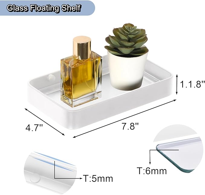 Z metnal Small Glass Bathroom Shelves, White Floating Wall Shelf, Mini Wall Mounted (White Clear Glass, 8 inch/20cm), 1pcs