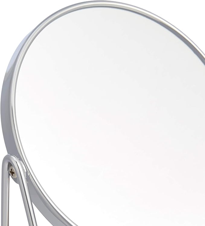 Amazon Basics Vanity Round Tabletop Mirror with 360° Rotation, Double Sided 1x/5x Magnification, Chrome Finish, Squared Bamboo Tray, 7.2"L x 3.35"W