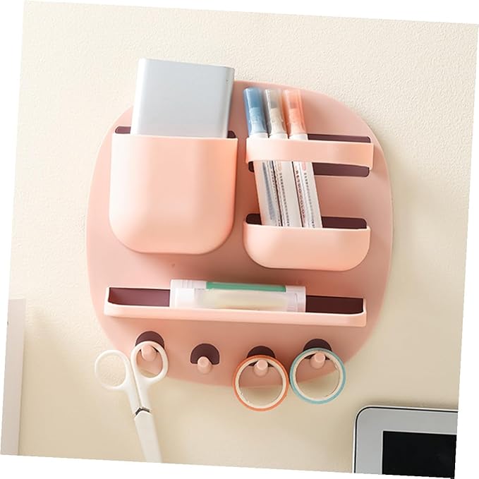 WOONEKY Bathroom Shelf Wall Mounted 3-Compartment Floating Storage Rack with Platform and 4 Hooks, Pink Wall Holder for Bathroom Organizer and Toiletries Storage