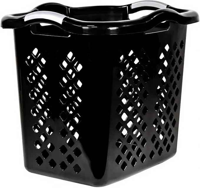 2-Pack 2 Bushel Plastic Laundry Basket with Silver Handles, Space-Saving Dirty Clothes Organizer for Home Apartment Dorm (Black)