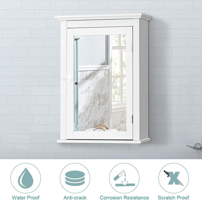 Tangkula Bathroom Cabinet with Mirror, Mirrored Wall-Mounted Storage Medicine Cabinet w/Single Door & Adjustable Shelf in 5 Positions, Multipurpose Wall Cabinet for Bathroom (White)