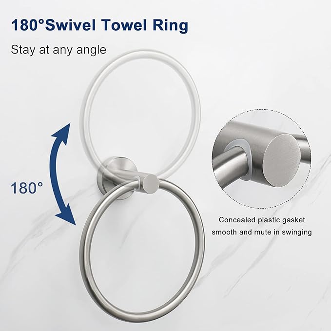 NearMoon 3 Pieces Bathroom Hardware Set, Bath Towel Ring and 2 Towel Hooks- Stainless Steel Hand Towel Hanger and Robe Hooks Accessories, Wall Mounted (Brushed Nickel)