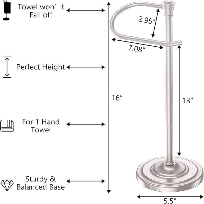 Nickel Bath Hand Towel Holder Stand,Stainless Steel 16 Inch Free Standing Towel Rack,Heavy Weight Towel Bar for Bathroom Vanity Countertop &Kitchen