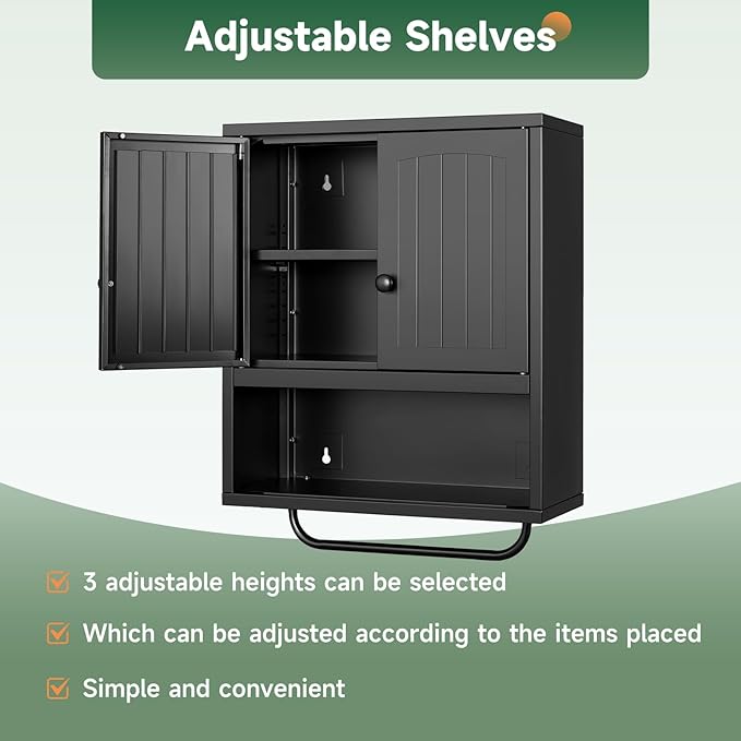 Letaya Metal Bathroom Wall Cabinet with 2 Doors,Medicine Cabinet with Towel Rack,Wall Mounted Storage Cabinet (Black)