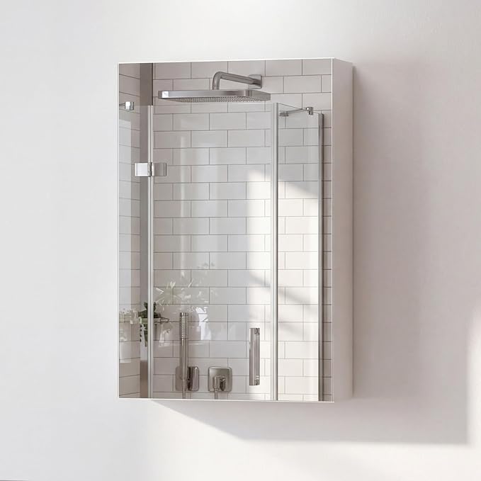 Panana Wall Mounted Bathroom Medicine Cabinet with Mirror, Single Mirrored Door, Adjustable Storage Shelves, Bathroom Wall Storage Organizer (White, 15.7x23.6 inch)